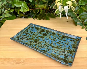 Handmade Ceramic Ocean Tray | Blue & Moss Glaze Pottery Serving Dish