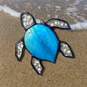Caribbean Blue Stained Glass Sea Turtle –Iridescent Ocean Shore Suncatcher, Coastal Window Decor