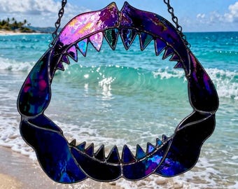 Stained Glass Shark Jaws, Iridescent Black, Shark Lover Gift