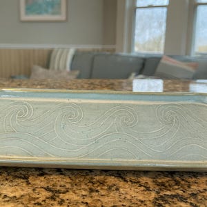 Handmade Ocean Wave Pottery Tray – 11.5” Ceramic Serving Dish, Sushi Plate, Coastal Home Decor