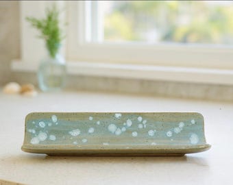 Handmade Ceramic Serving Tray – Ocean Blue with Melted Crystal Glaze, 11.5” x 3.2”
