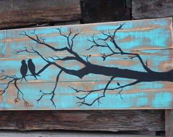 Large sign, statement piece, bedroom, Lovebirds with tree. Hand painted, original, wedding gift, valentine's day, rustic farmhouse decor