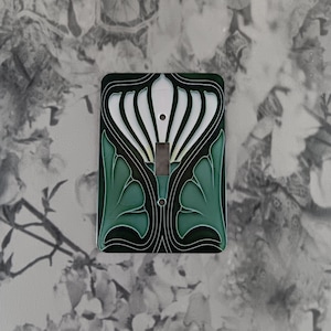 Cubierta de interruptor de luz de metal Art Déco de Dynastyprints - Impresión de azulejos Art Déco sobre cubierta metálica - Interruptor simple de 1 pieza - Hoja de ginkgo