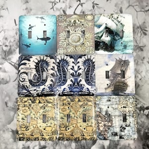 May include: Nine decorative light switch covers with nautical themes. The covers feature images of sharks, seahorses, ships, and maps. The covers are made of a durable material and are easy to install.