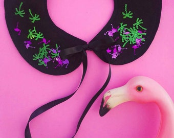 Flamingo and palm tree confetti peterpan collar