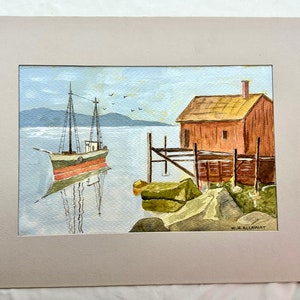 Fishing Boat Nova Scotia Original Watercolor Painting 1989 Artist Signed W. H. Allaway 7.5x11.5”