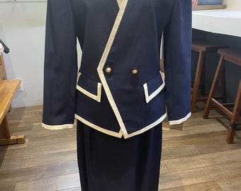 Vtg 80s Navy White Contrast Double Breasted One Button Blazer & Skirt Suit 12