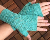 Fingerless Mittens, handknitted from handdyed yarn, lace mitts in aqua colours, holiday gift for her