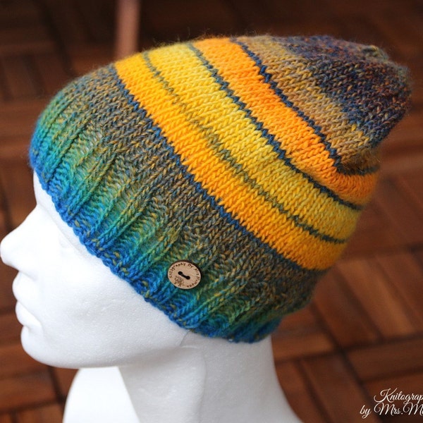 Happy slouchy hat - handknit souchy beanie in happy colours, blue, green and yellow, perfect holiday gift for her or him