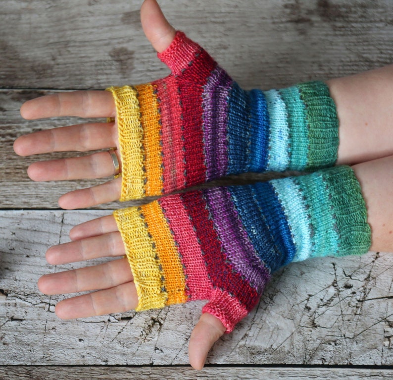 Fingerless Mittens Scrappily Ever AFter knitting pattern PDF download, easy pattern for beginners and advanced knitters image 2