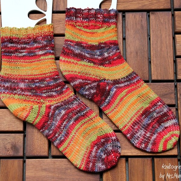 Colorful Striped Socks - Size EU38/40 (US 6.5-8.5) - multicolored hand knitted socks - red, purple, yellows for her