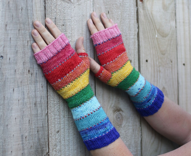 Fingerless Mittens Scrappily Ever AFter knitting pattern PDF download, easy pattern for beginners and advanced knitters image 1