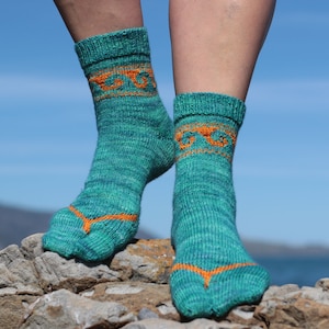 May include: A pair of teal blue socks with orange patterned details. The socks are made of a soft, knitted fabric and have a split toe design.