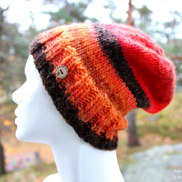 Slouchy knit hat, slouchy beanie, handknit in brown, orange and red, perfect holiday gift for her or him