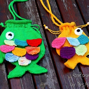 Fish String Purse for Kids knitting pattern PFD download, for beginners and advanced knitters, DIY gifts for kids
