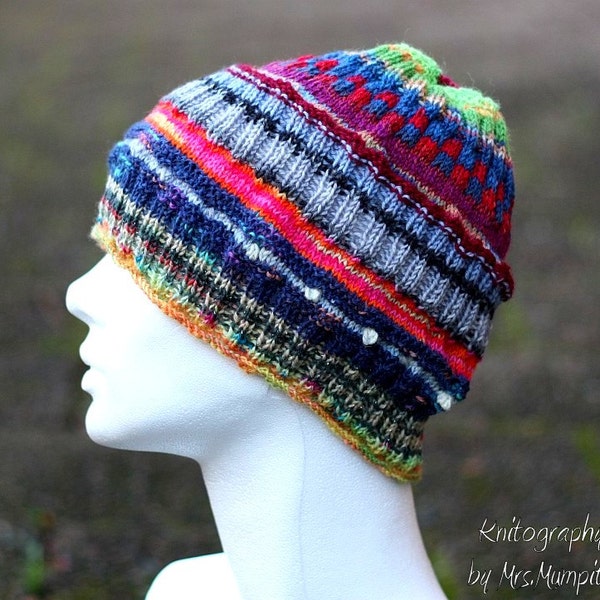 Multi pattern hat - handknit from quality yarn in various colors, slouchy, perfect gift for him or her