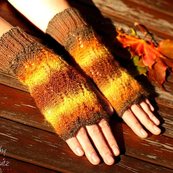Fingerless Mittens "Autumn Leaves"  - from quality yarn - handknitted in orange, brown and yellow, perfect gift for her