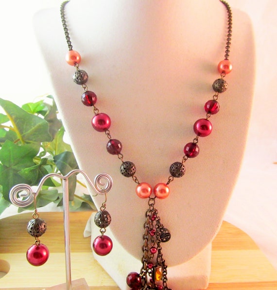 Vintage Y Tassel Necklace & Pierced Earrings Stamp