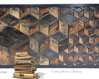 Handcrafted Reclaimed 1940s Pine Tumbling Block Design Geometric Modern Farmhouse Wall Art 31.5" x 16"