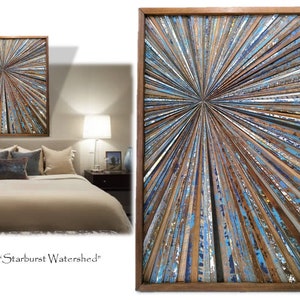 Starburst Art 22.5" x 32.5" ~ Upcycled Reclaimed Wood ~ Contemporary Mid Century Modern Farmhouse Transitional Decor~ Multi Blue/Green/Brown