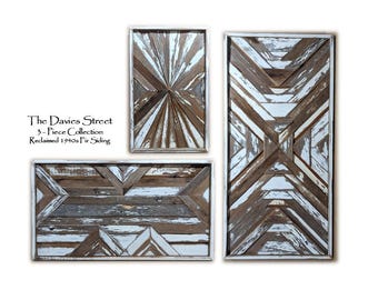 Handcrafted Geometric Wood Wall Art: Upcycled Fir, Shabby White, Rustic Modern Farmhouse, 3-Piece Set