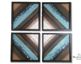 Handcrafted Reclaimed Cedar Wood Quilt Art: Rustic Modern Farmhouse Decor, 4 Piece Set