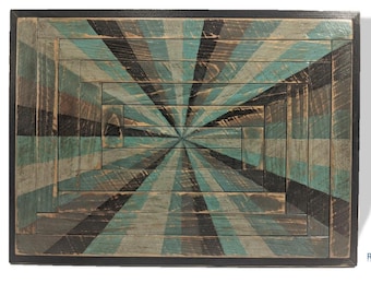 Handcrafted Starburst Wood Quilt Block Art: Reclaimed Pine, Muted Blue Green Gray