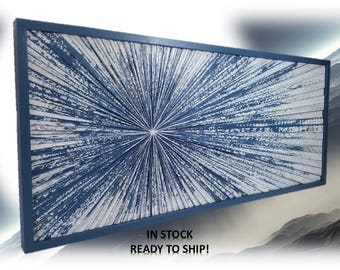 Handcrafted Reclaimed Wood Starburst Art: Blue Coastal Modern Farmhouse Decor 41" x 18"