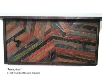 Handcrafted Reclaimed Cedar Towel, Coat Rack with Shelf: Rustic Geometric Art Organizer