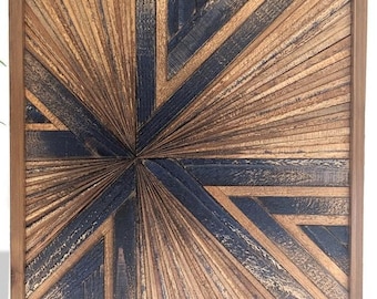 Handcrafted Reclaimed Wood Starburst Art: Navy & Natural Geometric Wall Decor