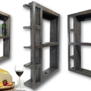 Reclaimed Wood Wine Rack: Rustic Gray Home Bar, 6 Bottle & 4 Glass Display