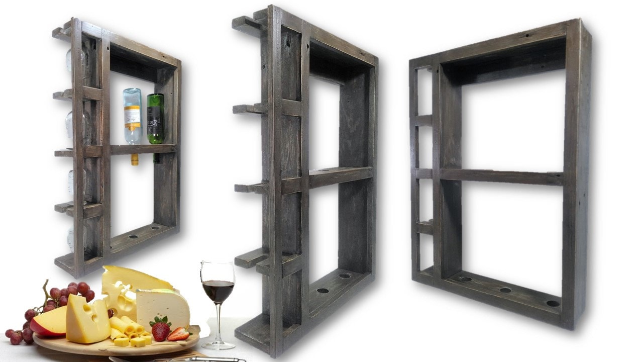 SALE Reclaimed Wood Wine & Glass Wall Hanging Rack Rustic Etsy