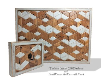 Handcrafted Tumbling Block Art, Reclaimed Wood 1940s Pine: Geometric Farmhouse Wall Decor