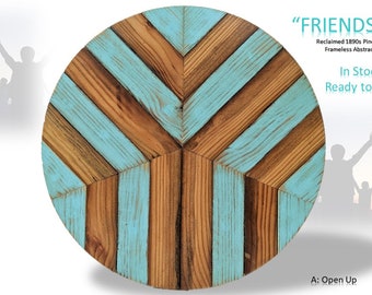 Handcrafted Frameless Abstract Round Geometric Wall Art: Reclaimed 1890s Pine