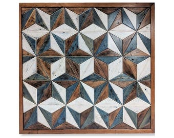 Handcrafted Reclaimed Wood Geometric Wall Art: Mid Century Modern Farmhouse Tumbling Blocks 21" x 24"