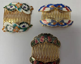 Vintage Cloisonne Enamel Flower Fan Hair Clip Barrette Gold  display picture 3