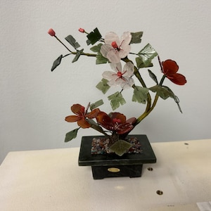 Vintage Chinese Jade Tree w/ Rose Quartz and Carnelian Stone Flowers Genuine Stone Bonsai