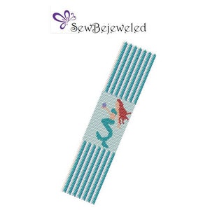 May include: A beaded bracelet pattern featuring a mermaid with a pearl and striped band. The pattern is for even count peyote stitch.