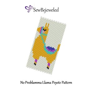 May include: A beaded peyote stitch pattern for a llama with a turquoise saddle and purple and pink accents. The pattern is called "No Problemma Llama".