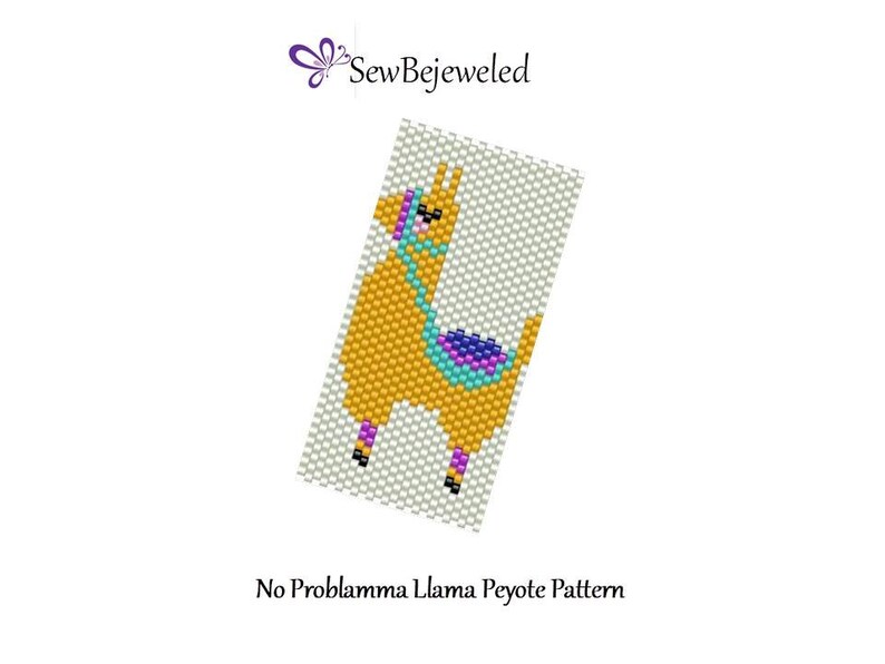 May include: A beaded peyote stitch pattern for a llama with a turquoise saddle and purple and pink accents. The pattern is called "No Problemma Llama".