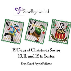 May include: Three colorful beading patterns for the 10th, 11th, and 12th days of Christmas. The patterns are for even count peyote stitch and feature a drummer boy, a piper, and a lord.