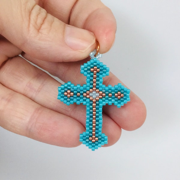 Cross in Teal and Copper -  Brick Stitch and Peyote Patterns - 2 PDF Patterns in this listing!