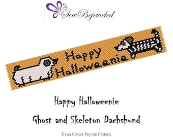Peyote Muster - Fröhlicher Halloweenie Geist und Skelett Dackel