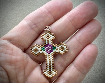 Bronze and Cream Cross with Rose Center -  Brick Stitch and Odd Count Peyote Patterns - 2 PDF Patterns in this listing!