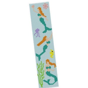 May include: A beading pattern for a mermaid trio bracelet. The pattern is for an even count peyote stitch and features three mermaids, seaweed, and a seahorse. The pattern is on a light blue background.