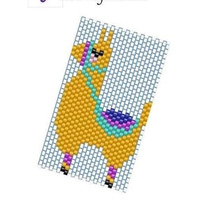 May include: A pixel art beading pattern of a yellow llama wearing sunglasses and a turquoise scarf. The text "No Problemma Llama" is below the image.