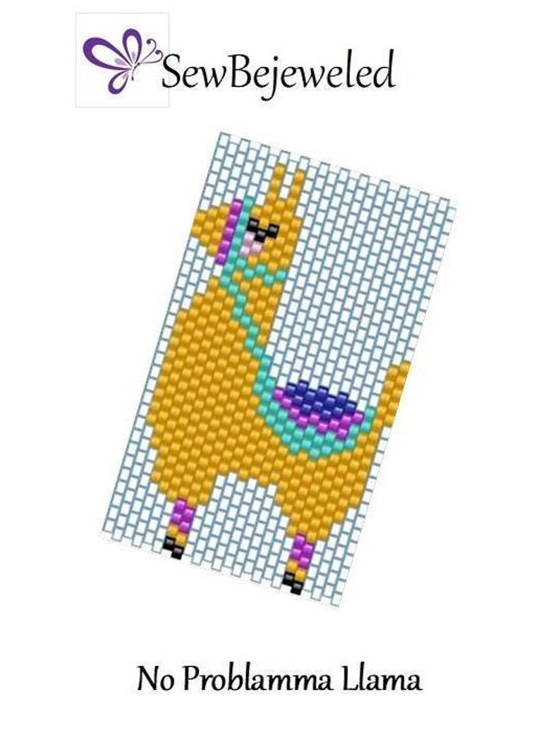 May include: A pixel art beading pattern of a yellow llama wearing sunglasses and a turquoise scarf. The text "No Problemma Llama" is below the image.