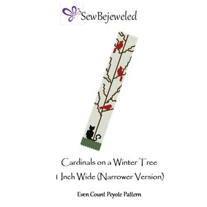 May include: A beaded pattern for a 1-inch wide peyote stitch bracelet featuring a winter tree with cardinals and a black cat. The pattern is titled "Cardinals on a Winter Tree 1 Inch Wide (Narrower Version) Even Count Peyote Pattern".
