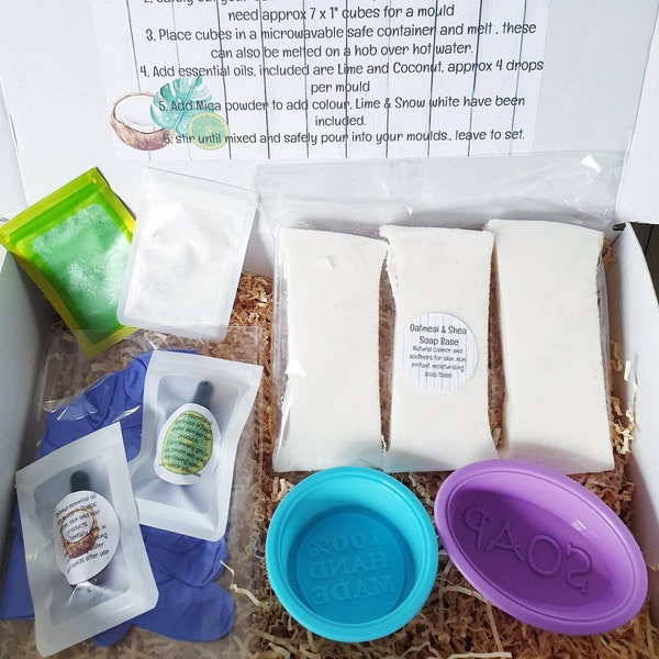 Coconut and lime handmade diy soap craft kit make your own Shea and oatmeal soap bars beginners melt and pour