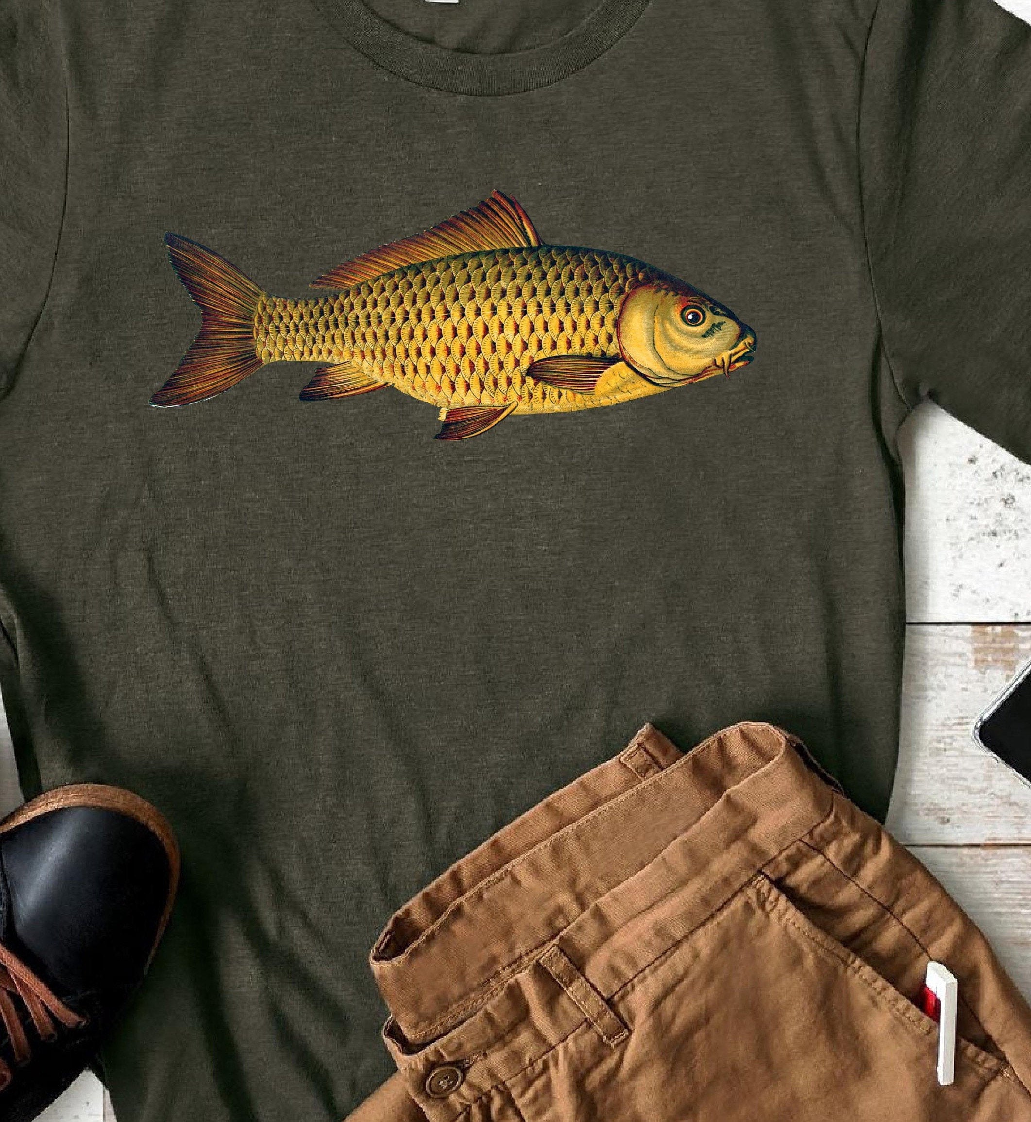 Mens Fishing Fish Illustrated Printed Carp T Shirt, Short sleeved. in White or Grey